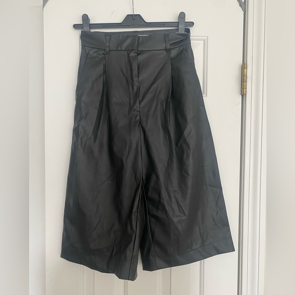 Black Faux Leather Long Wide Leg Shorts
